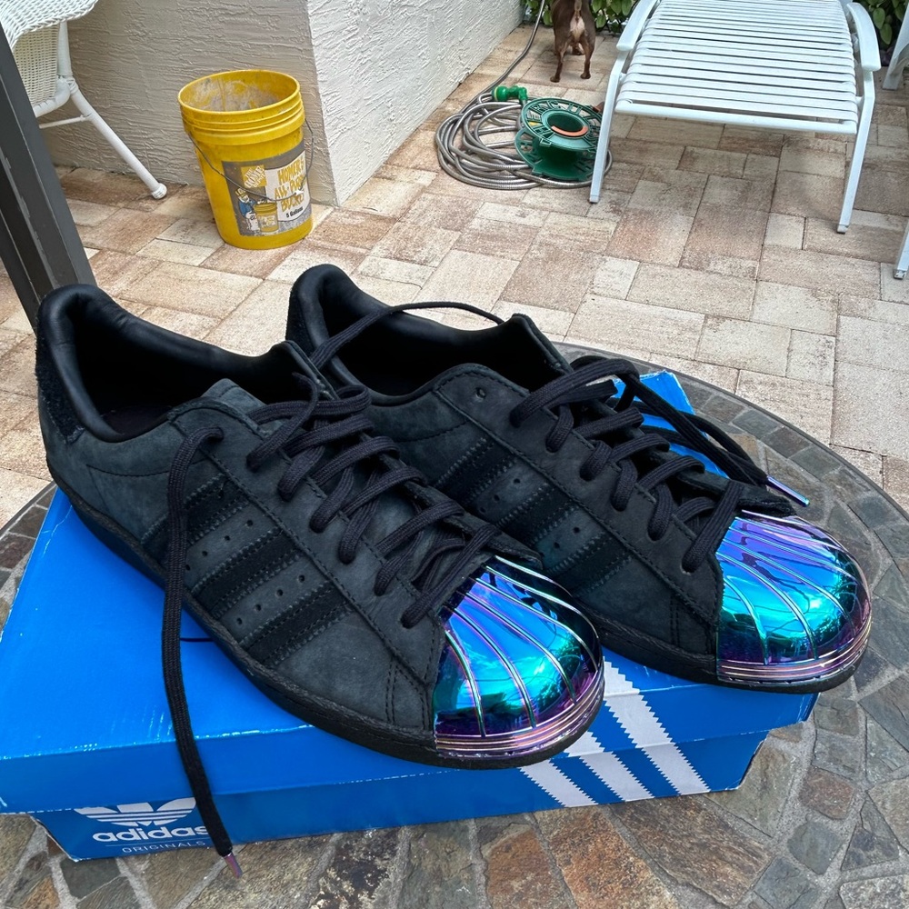 Adidas Superstars Black Suede metal toe cap